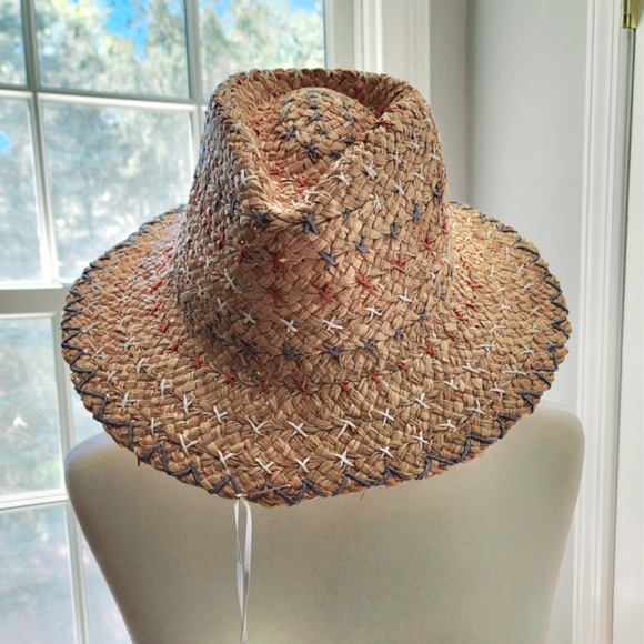 X Marks the Spot Raffia Straight Brim Hat with Cross Stitch-blue, orange, white - Picture 3 of 3